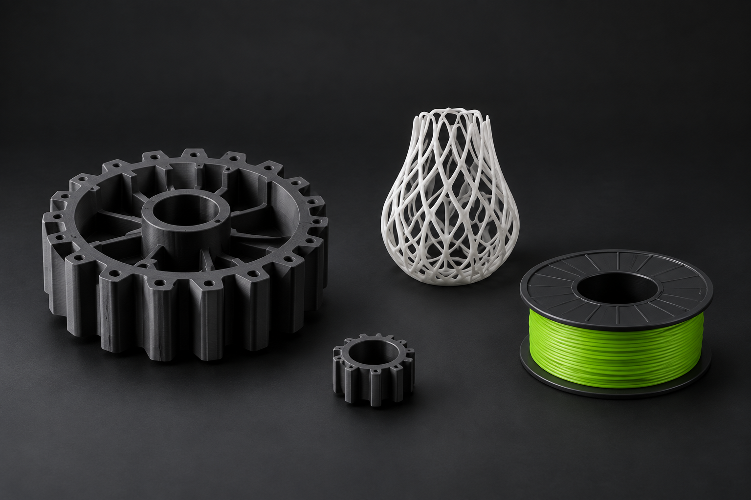 Samostatně vystavené 3D tištěné technické díly, bílá designová váza a zelený filament